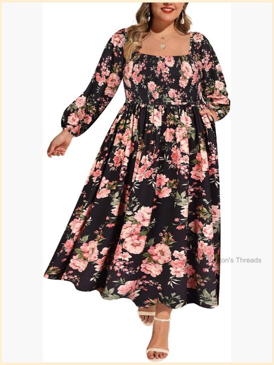 Dresses & Skirts - Plus Size Square Neck Long Sleeve Smocked Maxi Dress with Pockets